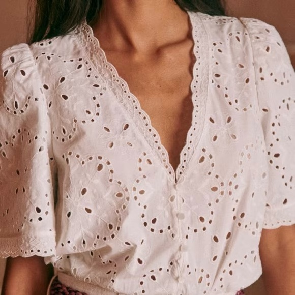 Sezane Tops - Sezane White Eyelet Lace V-Neck Shirt